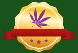 Cannabisblatt mit Siegel auf grünem Hintergrund