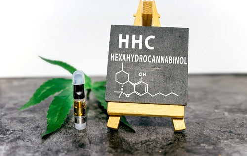 Tafel mit der chemischen Formel von HHC und einem Hanfblatt