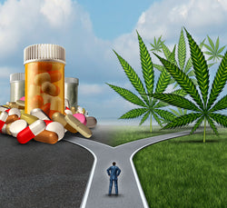Grafika na levi droge v sredini ulica z osebo na desni list konoplje