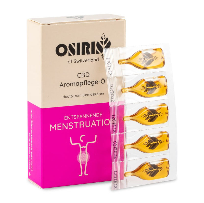 Osiris CBD Menstruationsöl Schachtel mit Ampullen