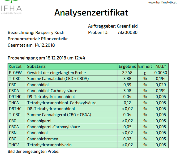 Raspberry Kush 3,5% CBD-Blüten Labtest
